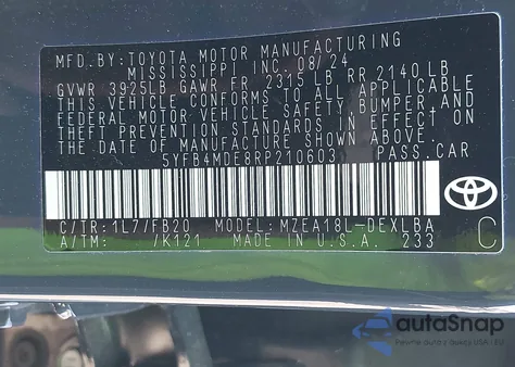 2024 Toyota Corolla Le from USA, damaged, VIN 5YFB4MDE8RP210603